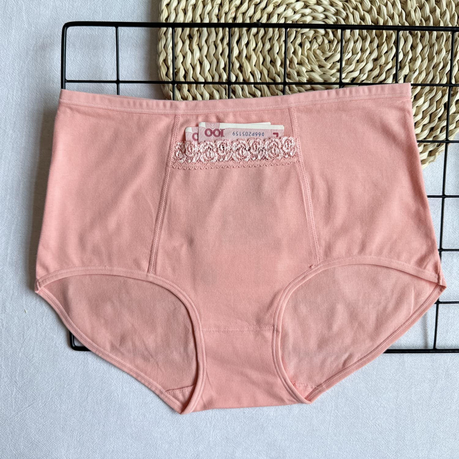 妈妈女士防盗内裤女纯棉高腰大码带口袋有兜安全短裤可放护照底裤