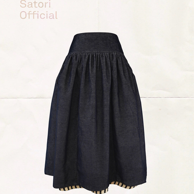 彡川里灯芯绒宽腰条纹花边半裙