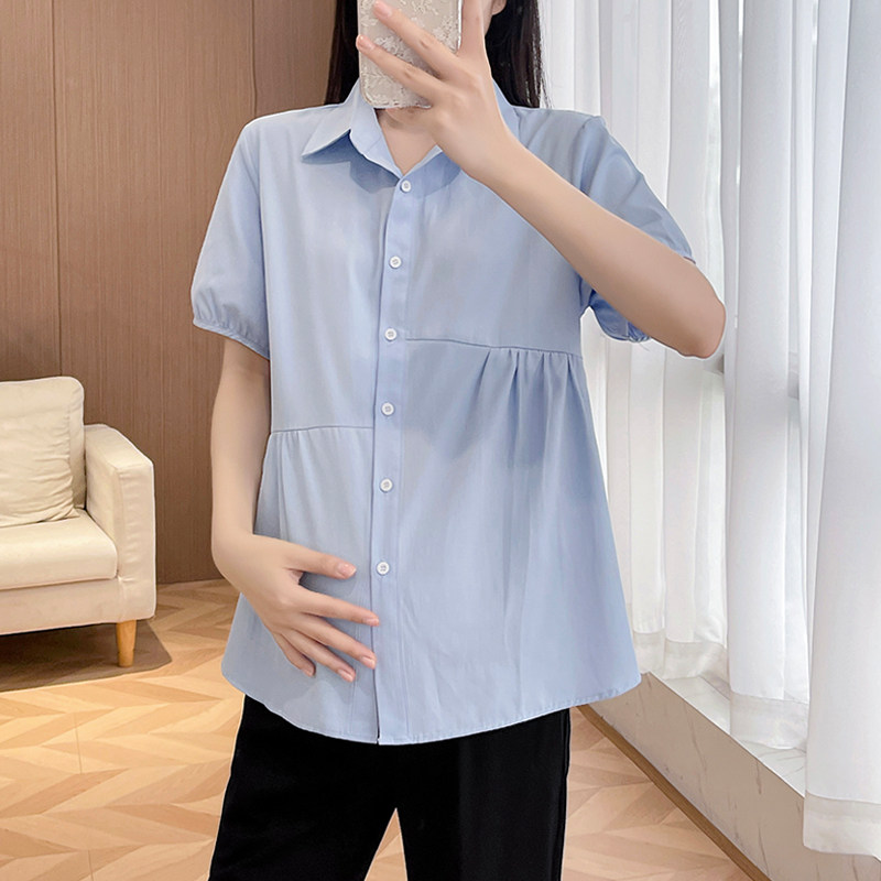 2026夏季大码工作服孕妇装职业孕妇上衣短袖上班孕妇衬衣蓝白衬衫