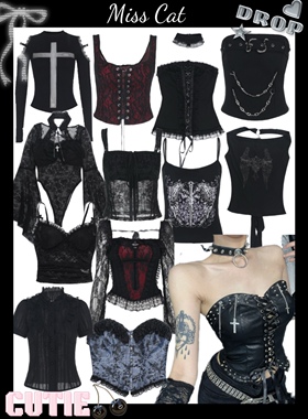 暗黑少女千禧风Y2K欧美街拍复古蕾丝性感辣妹吊带背心