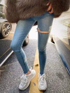 萝萝电 2022春 大腿切口高腰弹力铅笔裤紧身小脚裤显腿长