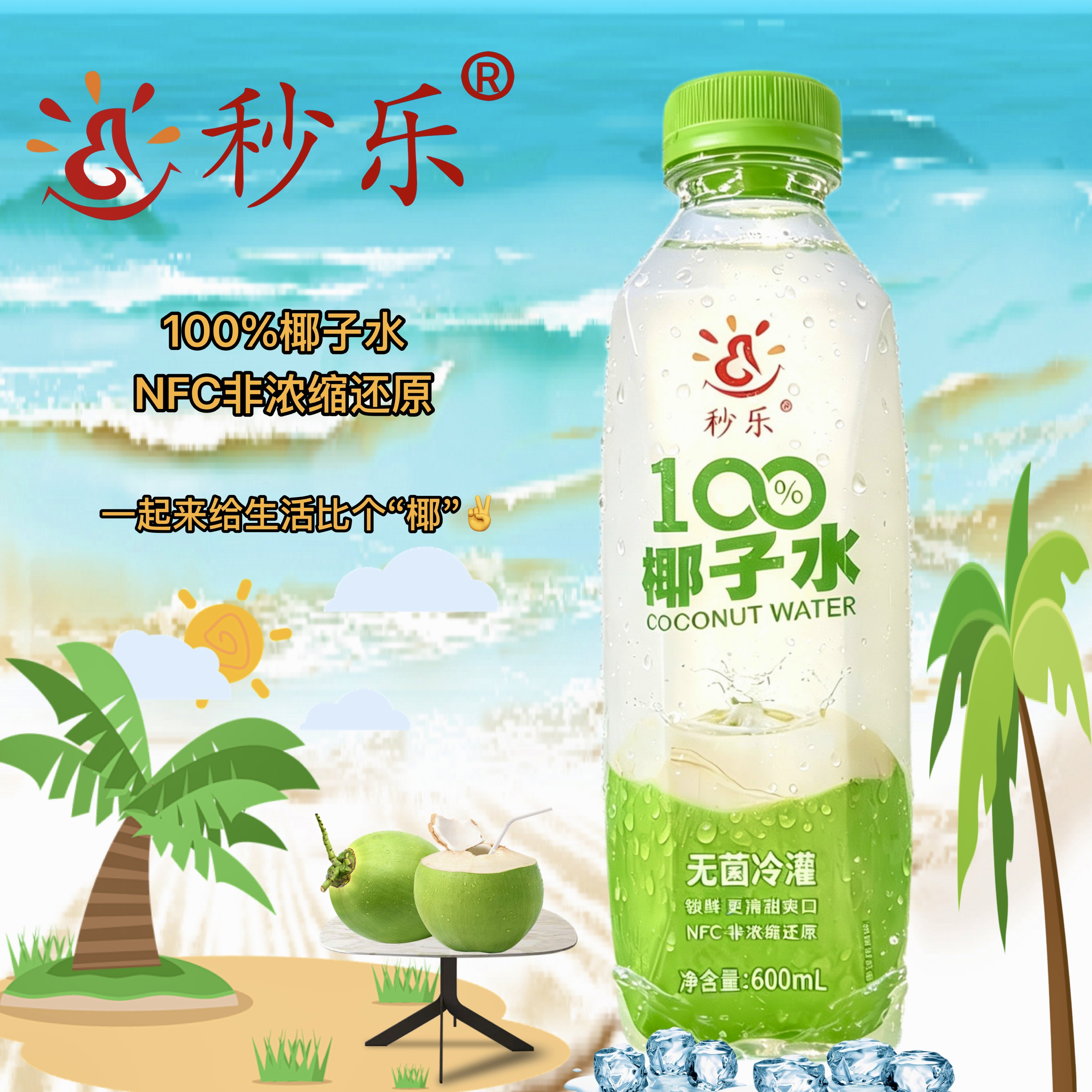 秒乐100%椰子水600ml瓶装