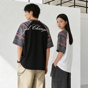 美式复古潮牌字母刺绣拼接条纹短袖T恤男女高级感插肩上衣情侣装