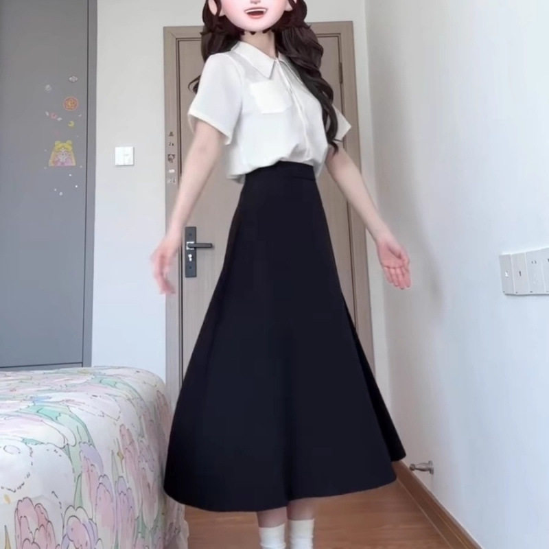 面试小衫套装裙加肥加大版女春夏天老师幼师教师白色短袖衬衫宽松