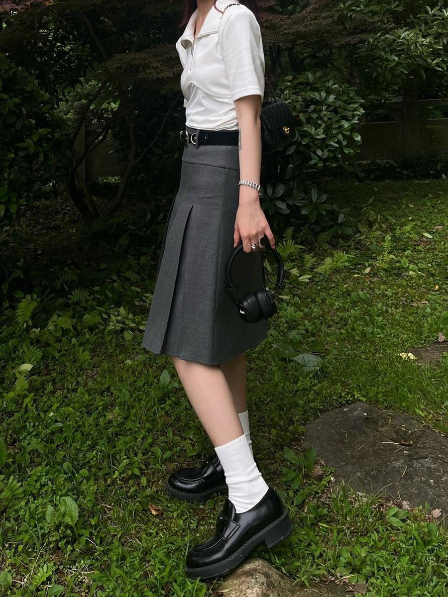 夏天高腰学院西装半身裙灰色百褶裙女2025a字高端显瘦学生加大款