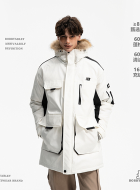 BOBBY ABLEY工装风85%鸭绒连帽毛领中长款羽绒服男白色保暖外套