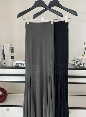 THEIRS 黑色网纱半身裙女春季新款设计感小众伞裙高腰长款裙子