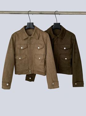 THEIRS 老钱复古麂皮外套女秋冬卡其色短款工装夹克翻领百搭上衣