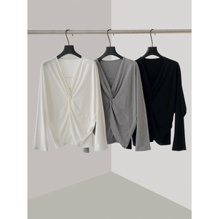 THEIRS正反两穿莫代尔V领T恤女春秋款宽松长袖扭结上衣设计打底衫