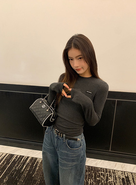 THEIRS 秋冬新款羊毛圆领字母标长袖T恤女高质感百搭修身打底衫