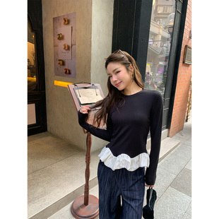 THEIRS 芭蕾风花边黑色内搭打底衫女冬季新款加绒修身长袖T恤上衣