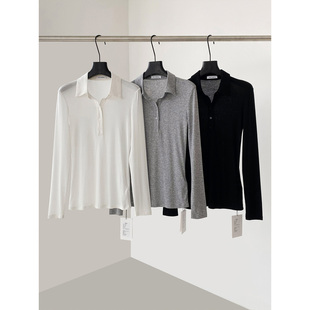 THEIRS 轻熟简约风POLO衫V领长袖针织衫女宽松修身纯色翻领上衣