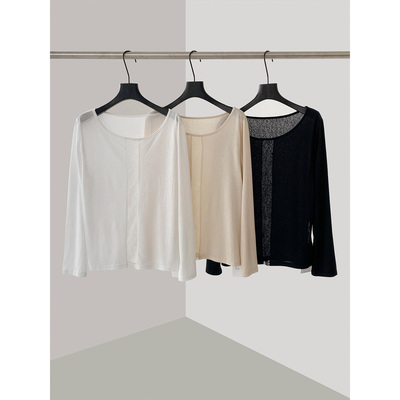 纯欲蕾丝拼接斜肩镂空长袖上衣