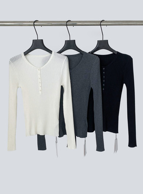 THEIRS 羊毛针织T恤衫女高品质休闲亨利领长袖上衣修身内搭上衣新