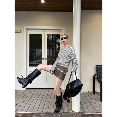 露肩条纹一字肩斜肩长袖T恤新款