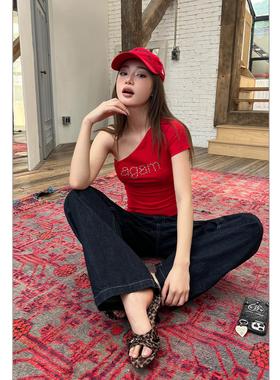 THEIRS复古原牛色直筒宽松百搭休闲裤女设计感撞色低腰水洗牛仔裤