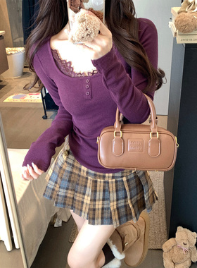 2025新款女装修身显瘦T恤蕾丝长袖上衣针织衫绝美巨好看的打底衫