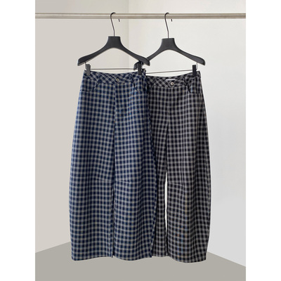 复古格子松紧腰显瘦拖地阔腿裤