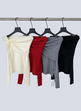 THEIRS 一字肩针织衫女冬季慵懒风内搭毛衣辣妹露肩修身长袖上衣