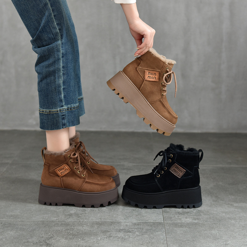 真皮雪地靴女 新款冬季保暖棉鞋厚底系带马丁靴女加厚棉靴短靴