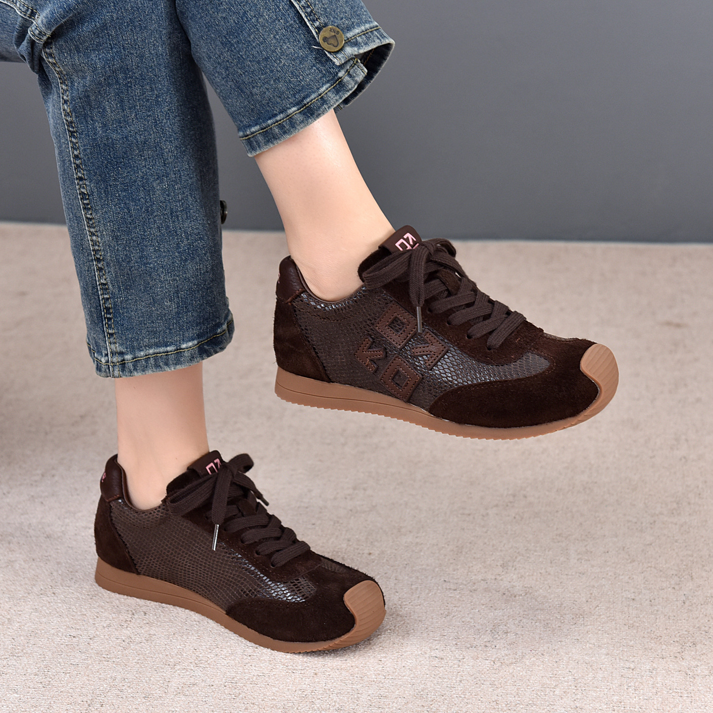 真皮阿甘鞋25秋冬新款真皮单鞋女网面透气系带休闲运动低帮鞋百搭