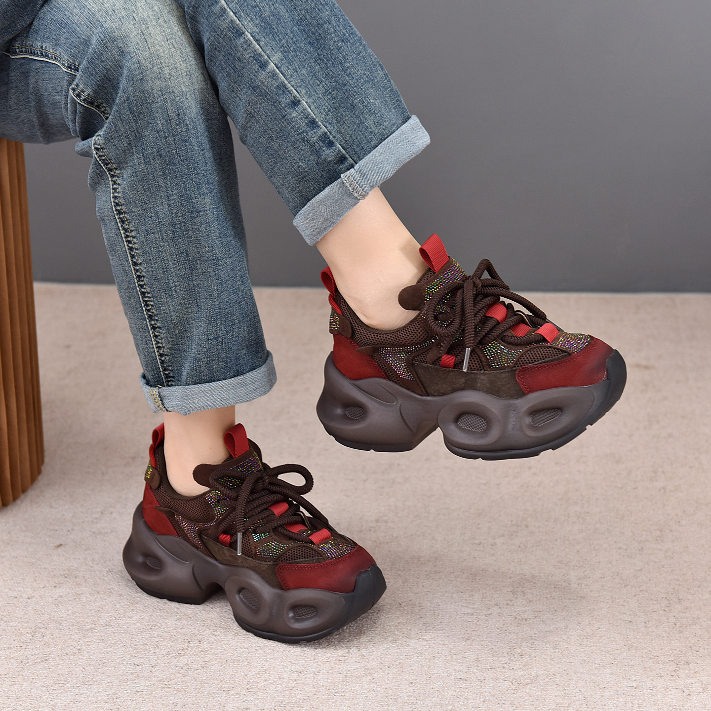 复古时尚厚底老爹鞋25秋冬季新款真皮系带撞色镶钻休闲运动鞋