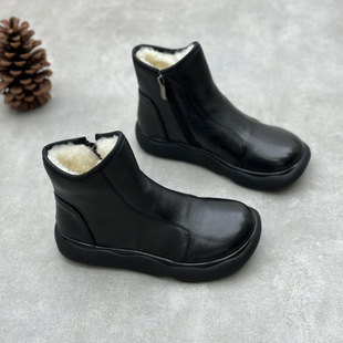 冬季皮毛一体真皮棉靴复古手工圆头平底加厚保暖纯羊毛女短靴