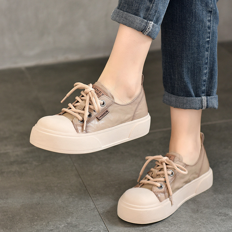 手抓纹头层牛皮系带单鞋板鞋真皮休闲低帮鞋女深口单鞋头层猪皮