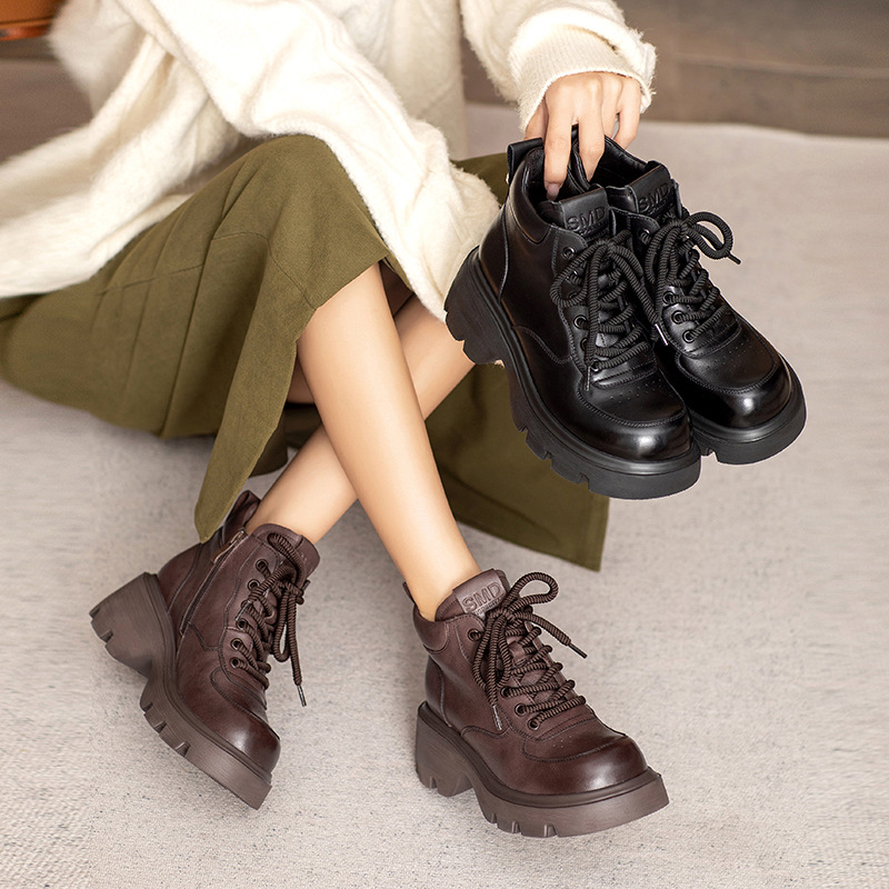 2025秋冬新款复古松糕厚底靴子女真皮短靴英伦牛皮短筒马丁靴