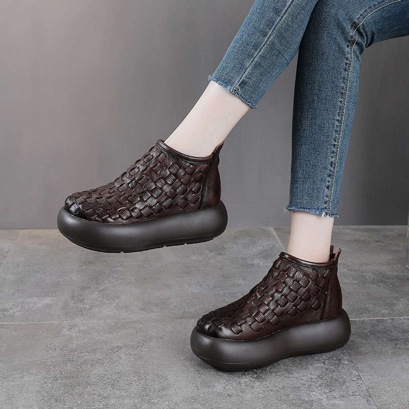 秋冬新款头层牛皮复古编织短靴女式真皮休闲鞋女厚底马丁靴女单靴