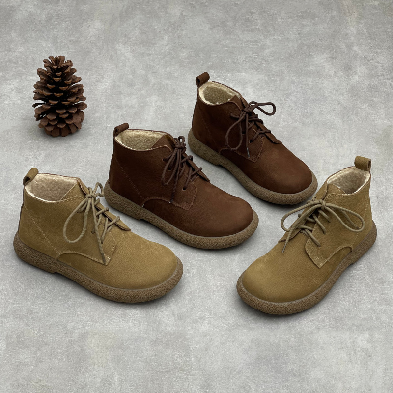 手工真皮绒里棉鞋25冬季新款圆头平跟加厚保暖牛皮棉靴女跨境