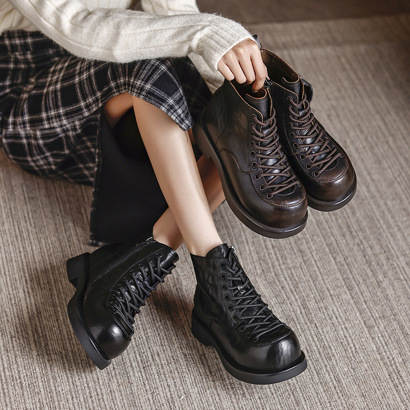 2025秋冬新款英伦风手抓牛皮短靴女皮靴复古厚底马丁靴百搭低筒靴