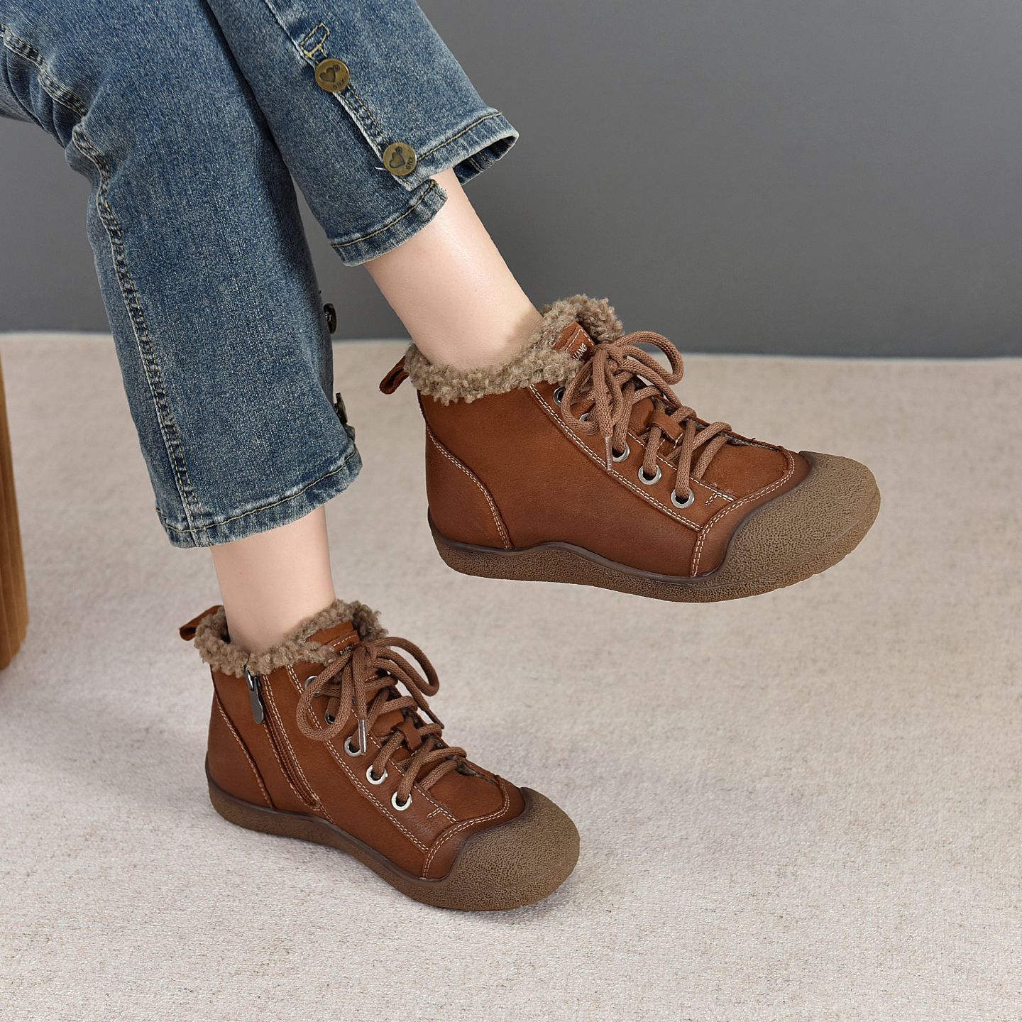 复古加绒短靴棉鞋25新款冬季女鞋真皮系带棉靴高帮休闲鞋平跟保暖