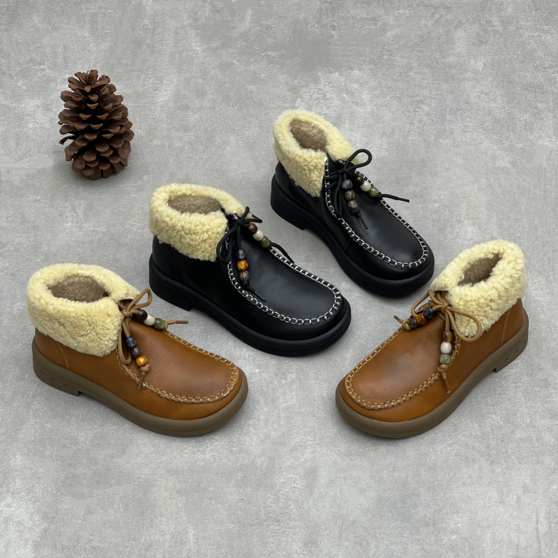 2025绒棉真皮短靴女冬季新款保暖居家室内外穿系带包跟软牛皮棉鞋