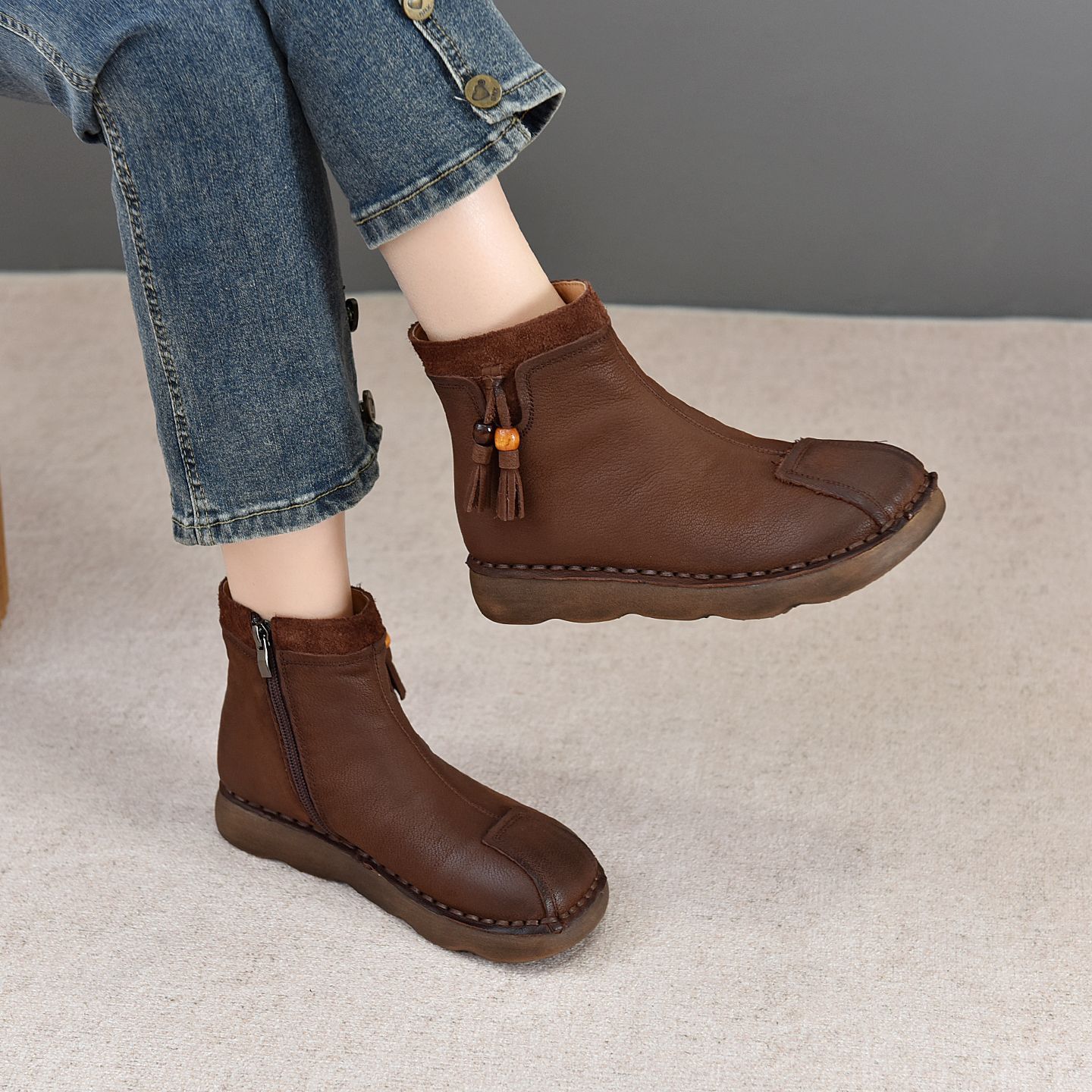 手工复古民族风加绒短靴女25新款冬女鞋厚底真皮棉鞋休闲防滑保暖