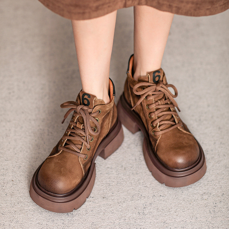 2024秋冬新款复古真皮马丁靴松糕厚底英伦小短靴头层牛皮休闲单靴