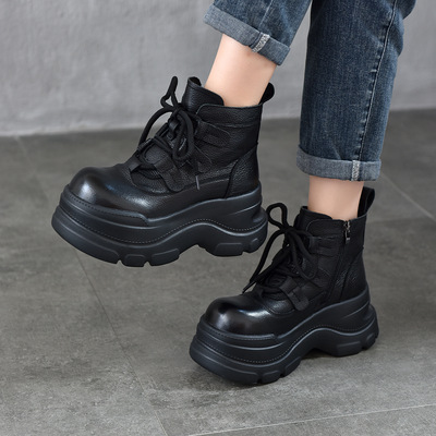 小个子厚底复古休闲短靴真皮女靴子2025新款头层牛皮松糕底马丁靴