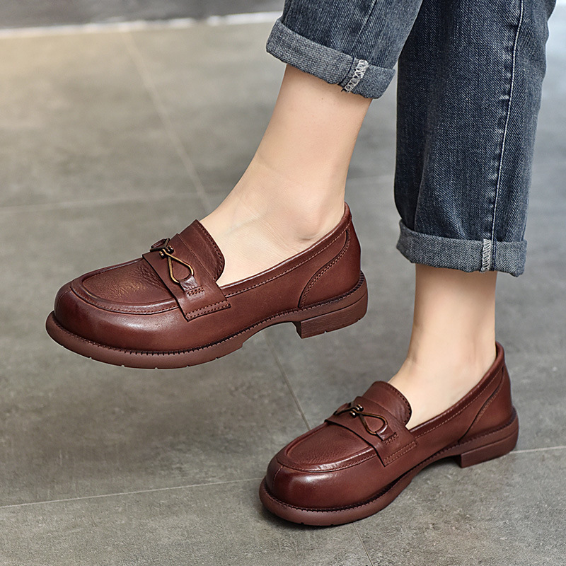 复古英伦风真皮乐福鞋女一脚蹬软底舒适百搭小皮鞋