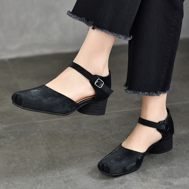 方头芭蕾舞鞋女真皮中跟