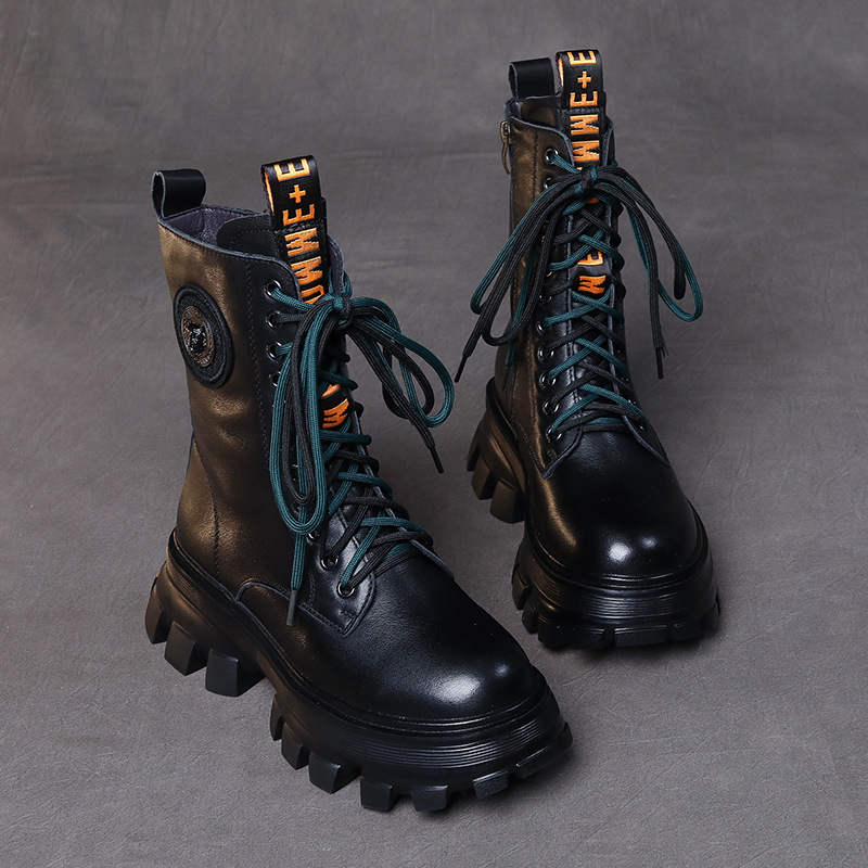 头层牛皮秋冬加绒保暖新款百搭松糕底中筒拉链机车靴马丁靴女