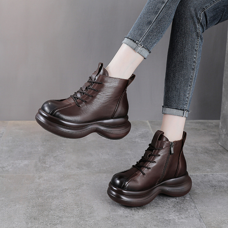 秋冬新款英伦风系带真皮复古短靴头层牛皮侧拉链粗跟女靴马丁靴子