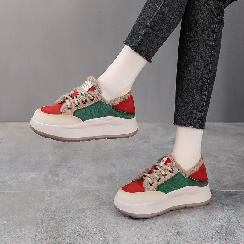 2025冬季新款低帮圆头拼色复古休闲板鞋加绒保暖棉鞋运动老爹女鞋