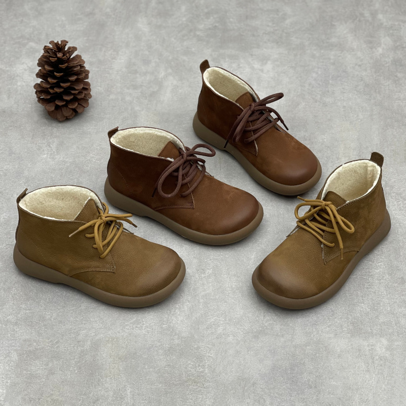 复古手工真皮2025冬季新款棉鞋短靴系带加绒舒适棉靴头层牛皮女靴