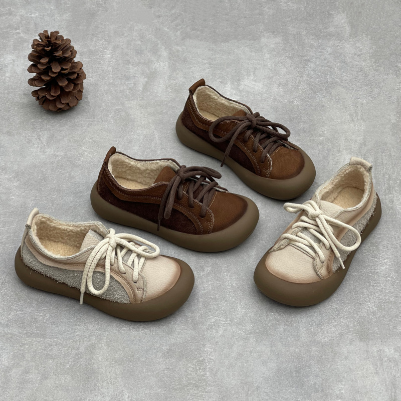 原创复古休闲面包鞋2025年秋冬新款真皮棉鞋休闲牛皮厚底女鞋