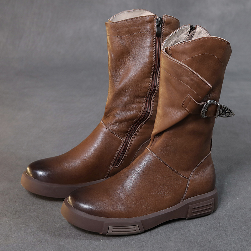 头层牛皮马丁靴平底中筒骑士靴女新款复古V口侧拉链显瘦单靴