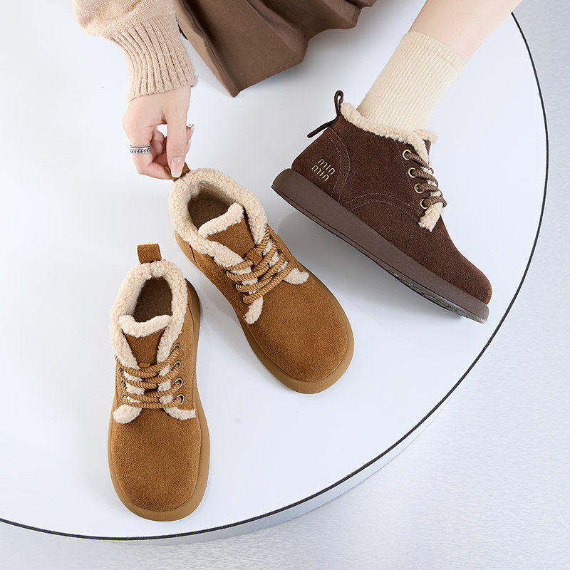 磨砂牛皮雪地靴女羊羔绒毛毛棉鞋