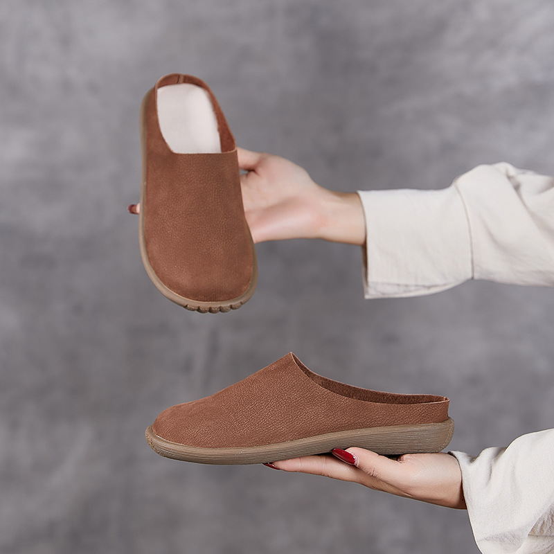 2025春夏新款平底牛皮包头凉拖鞋软底软面真皮半拖鞋舒适百搭女鞋