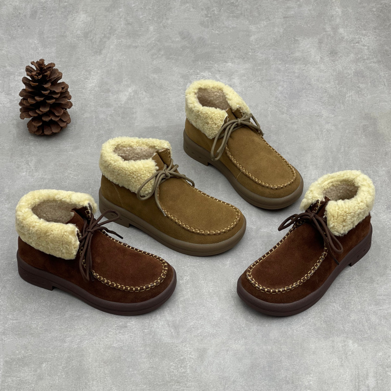 2025绒棉真皮短靴女冬季新款保暖居家室内外穿系带包跟软牛皮棉鞋