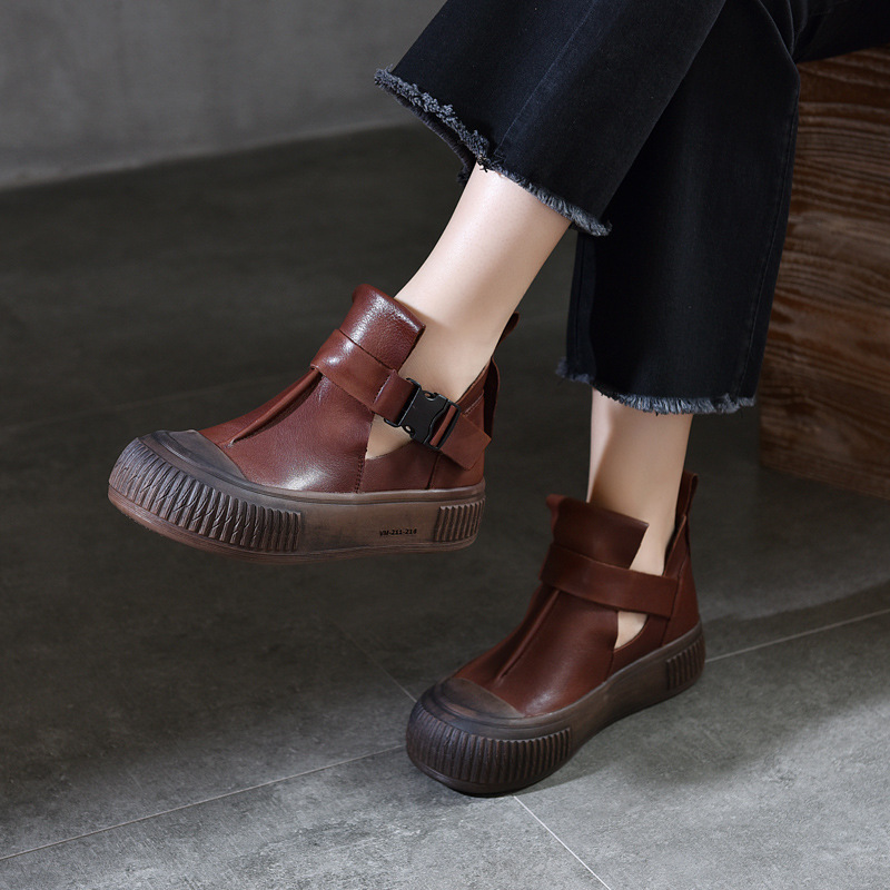 头层牛皮休闲单鞋软底圆头复古擦色真皮女鞋子