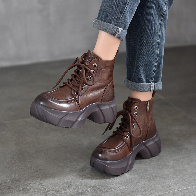 厚底 真皮短靴女款系带马丁靴 秋冬 牛皮靴子圆头